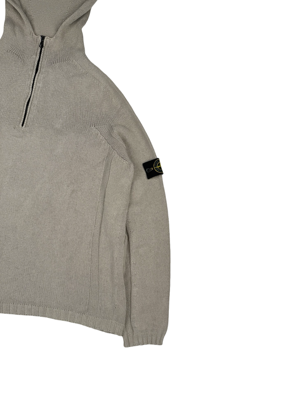 Stone Island 2003 Beige Cotton Knitted Hooded Quarter Zip Jumper - XXL