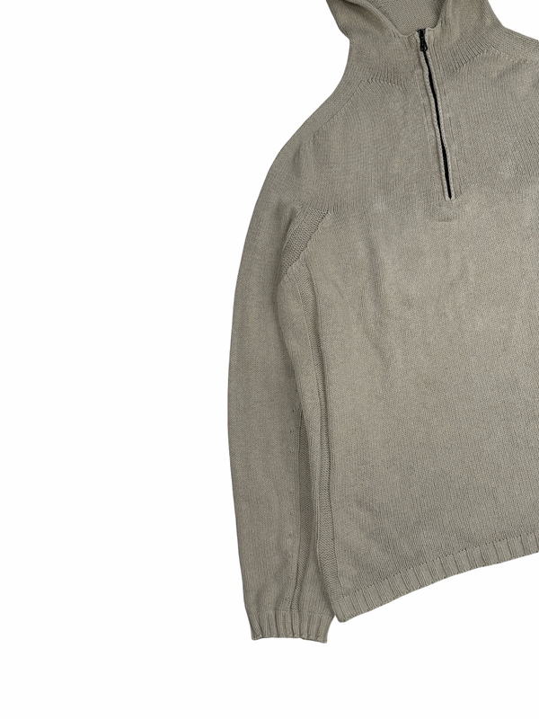Stone Island 2003 Beige Cotton Knitted Hooded Quarter Zip Jumper - XXL