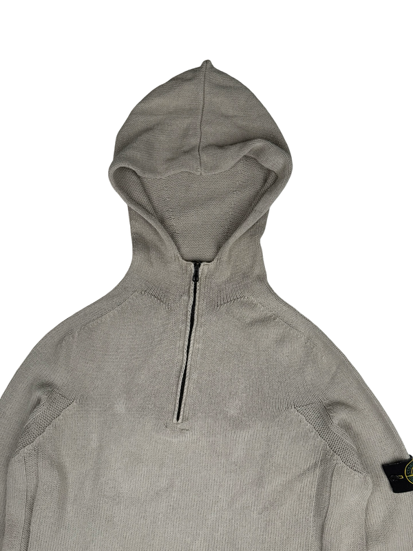 Stone Island 2003 Beige Cotton Knitted Hooded Quarter Zip Jumper - XXL