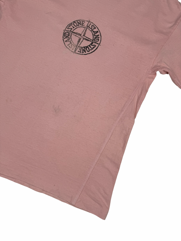 Stone Island Vintage Compass Spellout Pink Cotton T Shirt - Medium