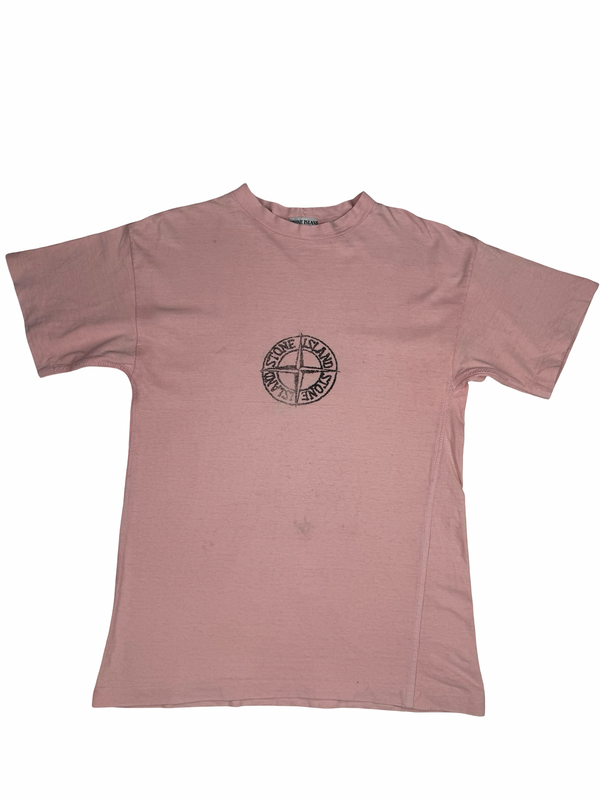 Stone Island Vintage Compass Spellout Pink Cotton T Shirt - Medium