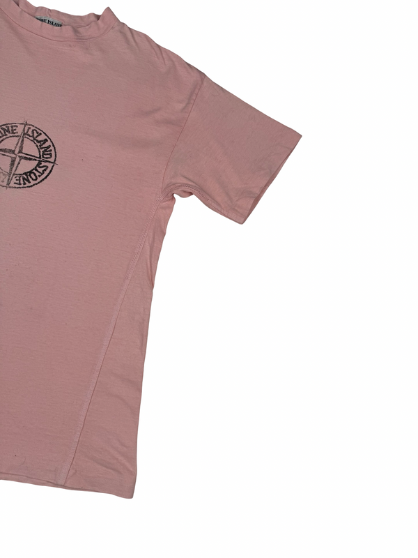 Stone Island Vintage Compass Spellout Pink Cotton T Shirt - Medium