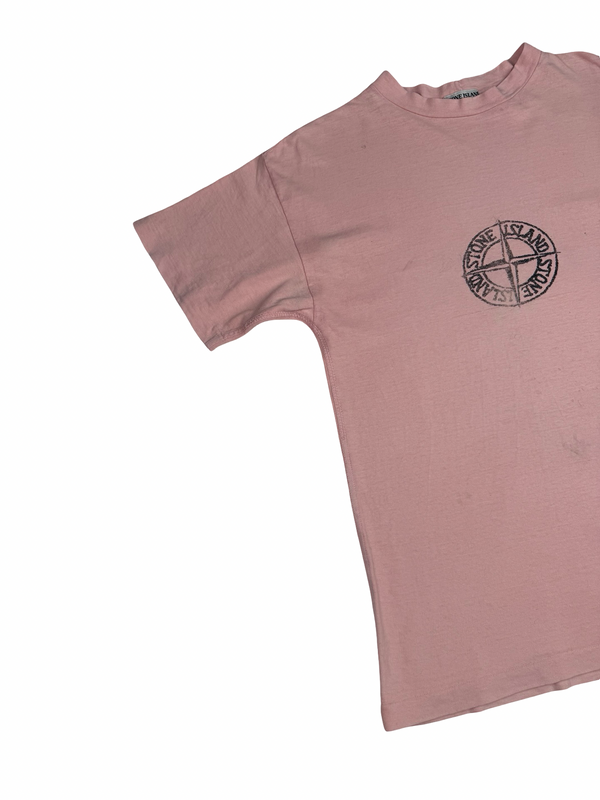 Stone Island Vintage Compass Spellout Pink Cotton T Shirt - Medium
