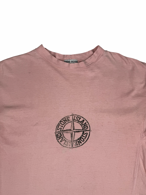 Stone Island Vintage Compass Spellout Pink Cotton T Shirt - Medium