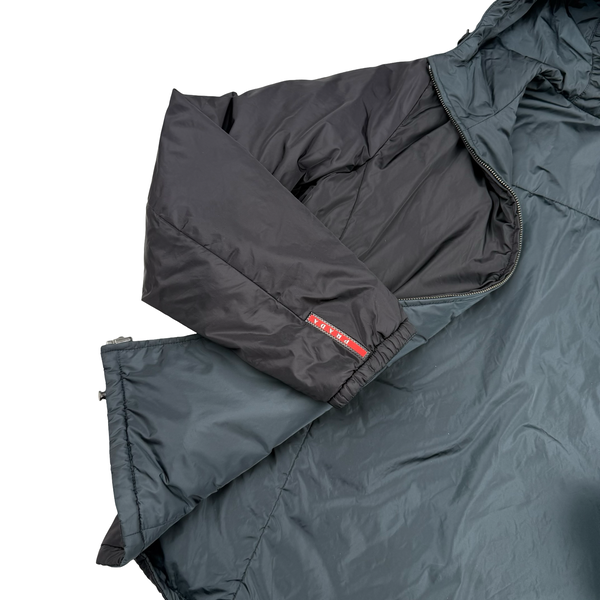 Prada Navy/Black Red Tab Reversible Nylon Lightly Padded Windbreaker Hooded Jacket - Large (50)