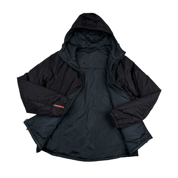 Prada Navy/Black Red Tab Reversible Nylon Lightly Padded Windbreaker Hooded Jacket - Large (50)