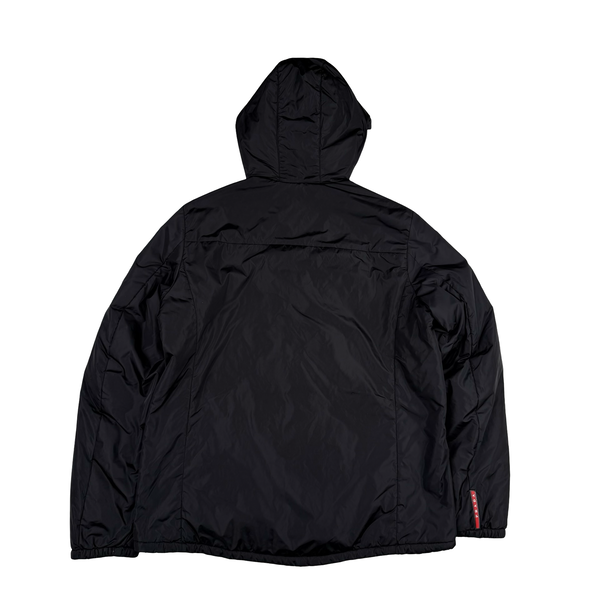Prada Navy/Black Red Tab Reversible Nylon Lightly Padded Windbreaker Hooded Jacket - Large (50)