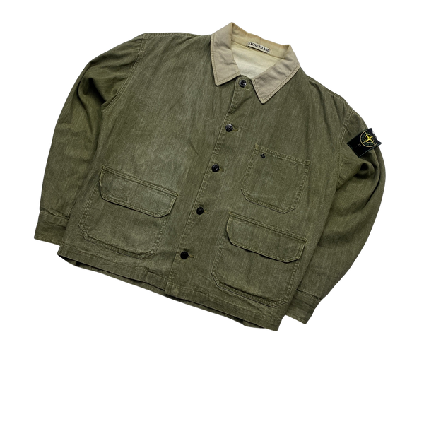 Stone Island 80's Vintage Green Cotton Canvas Button Up Jacket - Small