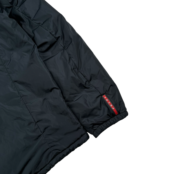 Prada Navy/Black Red Tab Reversible Nylon Lightly Padded Windbreaker Hooded Jacket - Large (50)