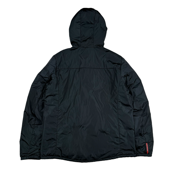 Prada Navy/Black Red Tab Reversible Nylon Lightly Padded Windbreaker Hooded Jacket - Large (50)