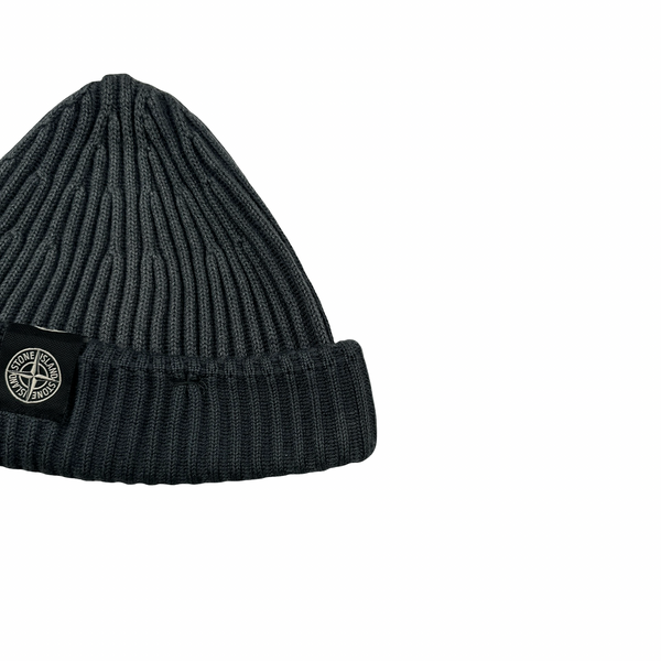 Stone Island Grey Ribbed Logo Patch Beanie
