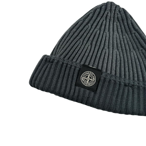Stone Island Grey Ribbed Logo Patch Beanie