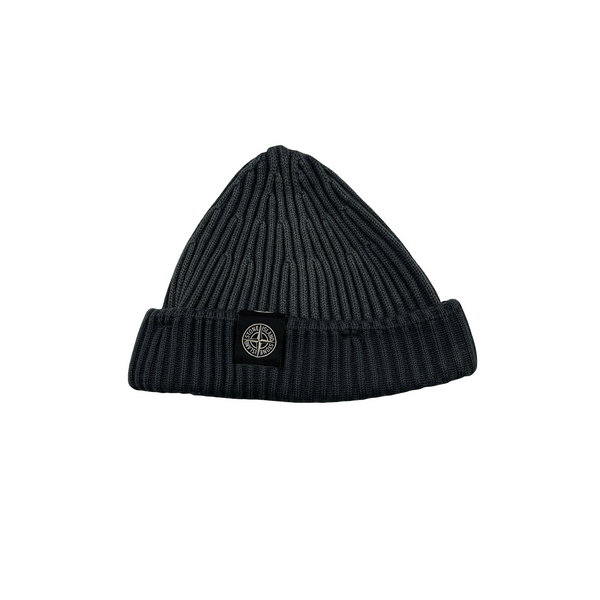 Stone Island Grey Ribbed Logo Patch Beanie