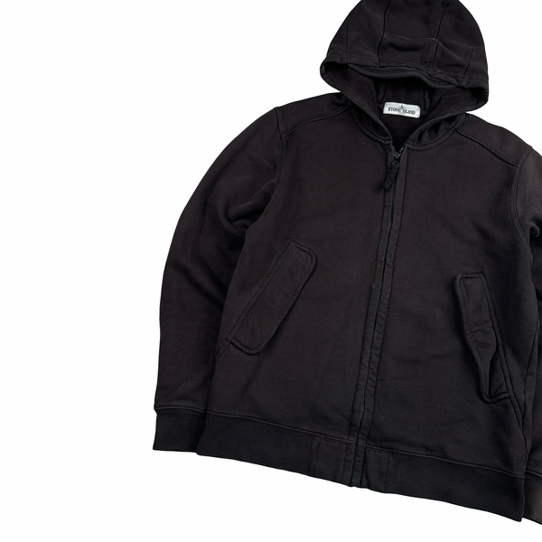 Stone Island 2012 Washed Black Cotton Zipped Hoodie - Medium