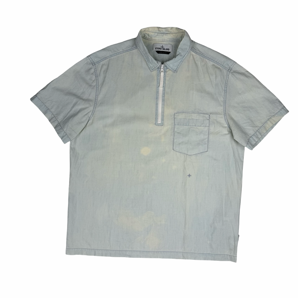 Stone Island 2017 Pale Blue Cotton Short Sleeve Quarter Zip Overshirt - XL