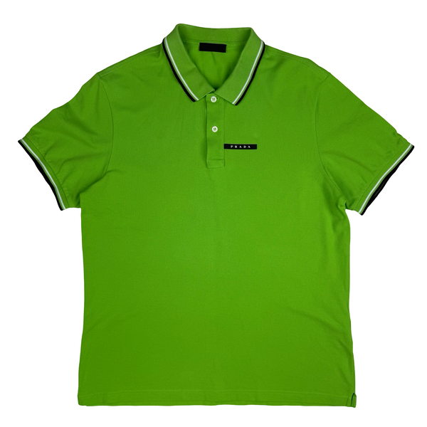 Prada Lime Green Black Tab Spellout Cotton Polo Shirt - XXL