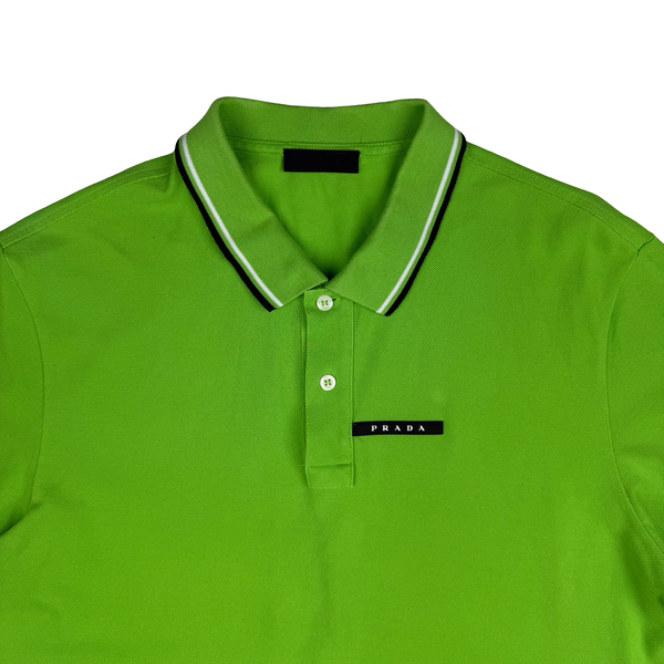 Prada Lime Green Black Tab Spellout Cotton Polo Shirt - XXL