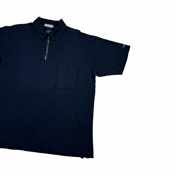 Stone Island Marina 90's Navy Blue Zipped Collar Cotton Spellout Polo T Shirt - XL
