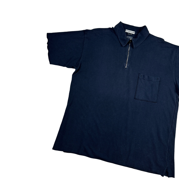 Stone Island Marina 90's Navy Blue Zipped Collar Cotton Spellout Polo T Shirt - XL