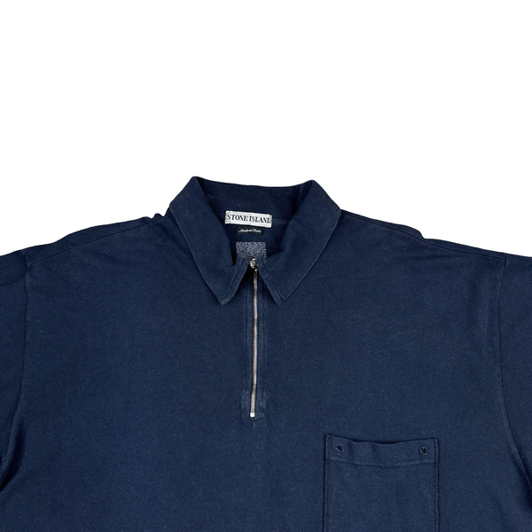 Stone Island Marina 90's Navy Blue Zipped Collar Cotton Spellout Polo T Shirt - XL