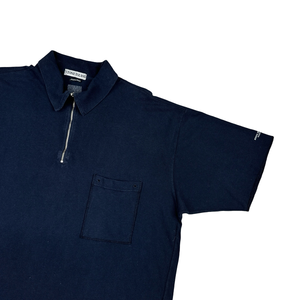 Stone Island Marina 90's Navy Blue Zipped Collar Cotton Spellout Polo T Shirt - XL
