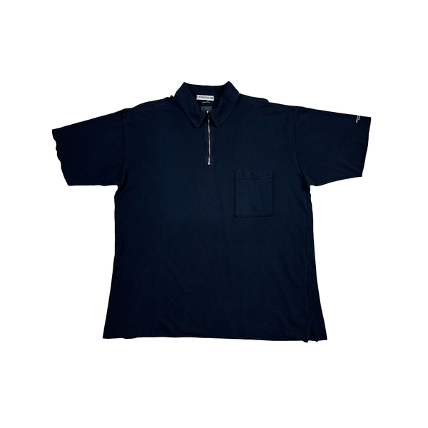 Stone Island Marina 90's Navy Blue Zipped Collar Cotton Spellout Polo T Shirt - XL