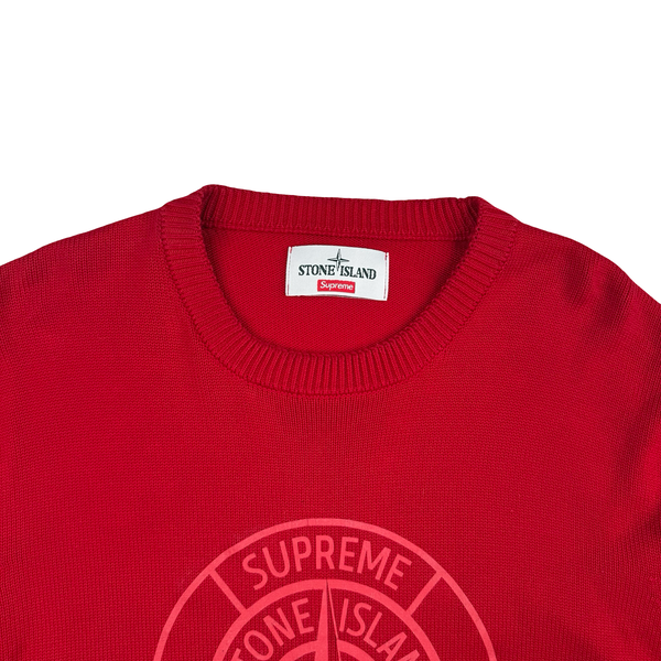 Stone Island x Supreme Red Thick Cotton Reflective Spellout Knit Jumper - Large