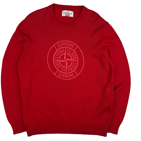 Stone Island x Supreme Red Thick Cotton Reflective Spellout Knit Jumper - Large