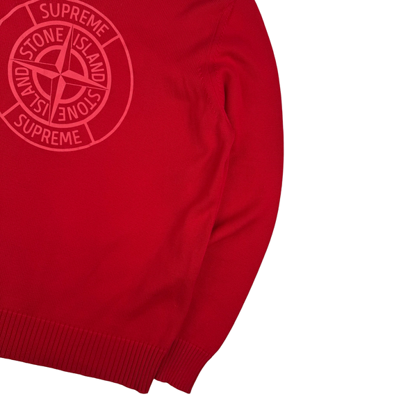 Stone Island x Supreme Red Thick Cotton Reflective Spellout Knit Jumper - Large