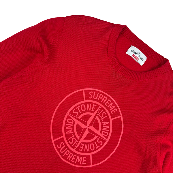 Stone Island x Supreme Red Thick Cotton Reflective Spellout Knit Jumper - Large