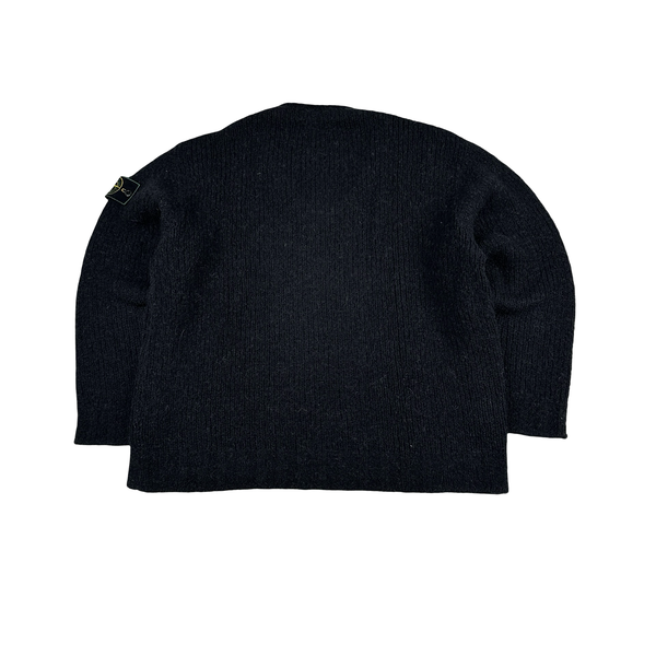 Stone Island 1998 Grey Low Neck Green Edge Knitted Wool Jumper - Large