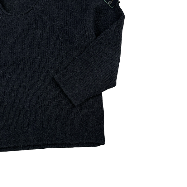 Stone Island 1998 Grey Low Neck Green Edge Knitted Wool Jumper - Large