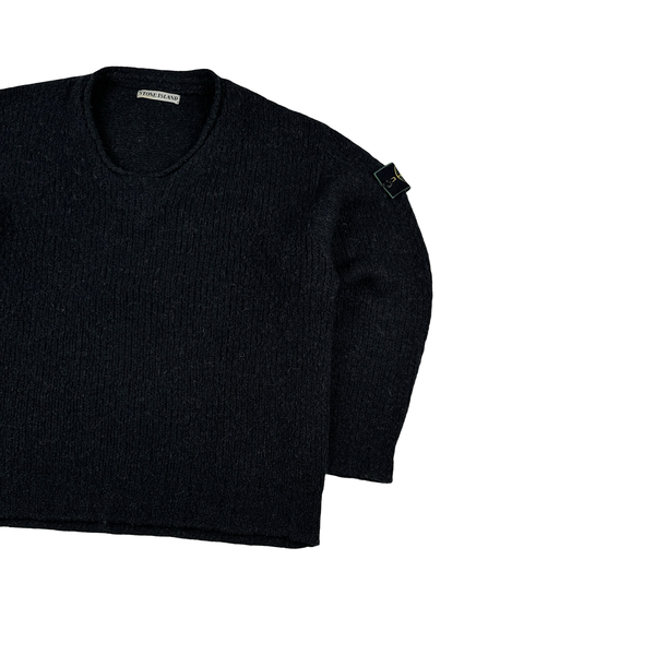 Stone Island 1998 Grey Low Neck Green Edge Knitted Wool Jumper - Large