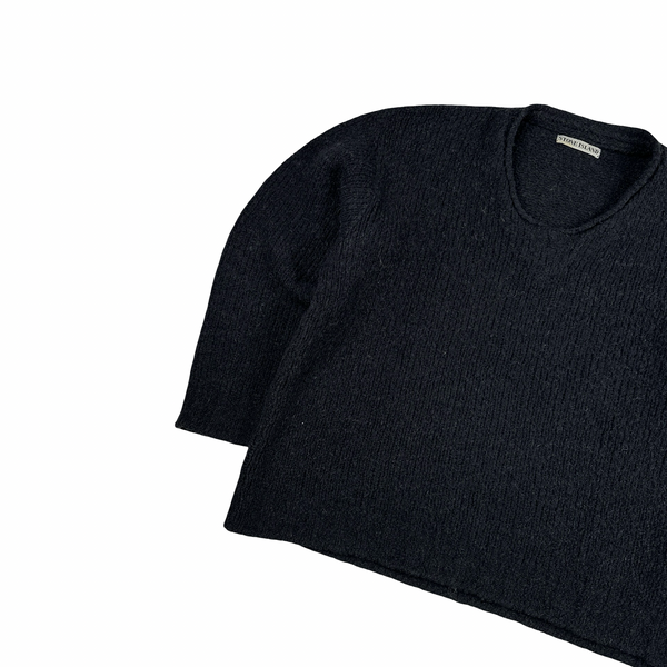 Stone Island 1998 Grey Low Neck Green Edge Knitted Wool Jumper - Large