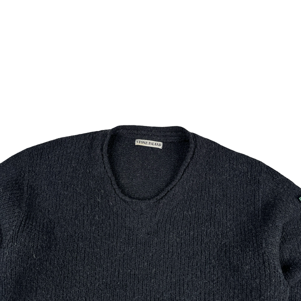 Stone Island 1998 Grey Low Neck Green Edge Knitted Wool Jumper - Large