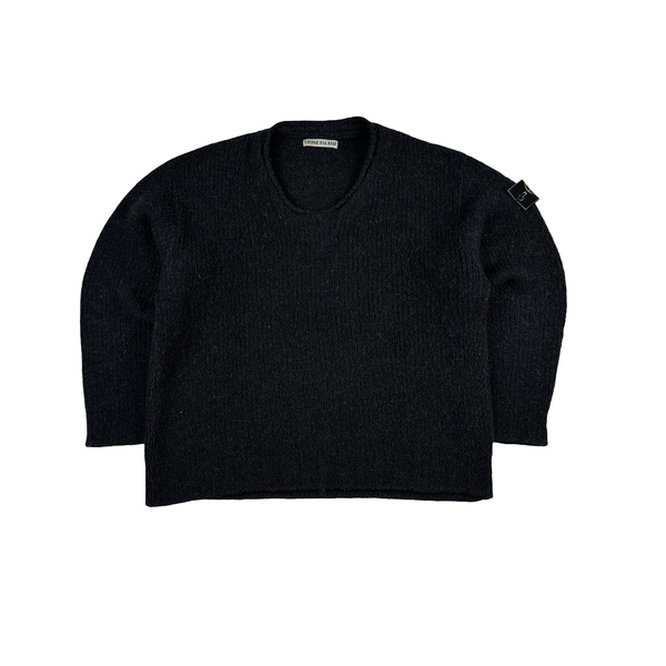 Stone Island 1998 Grey Low Neck Green Edge Knitted Wool Jumper - Large
