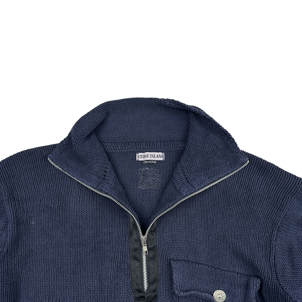 Stone Island Green Edge Navy Cotton Knit Zip Neck Jumper