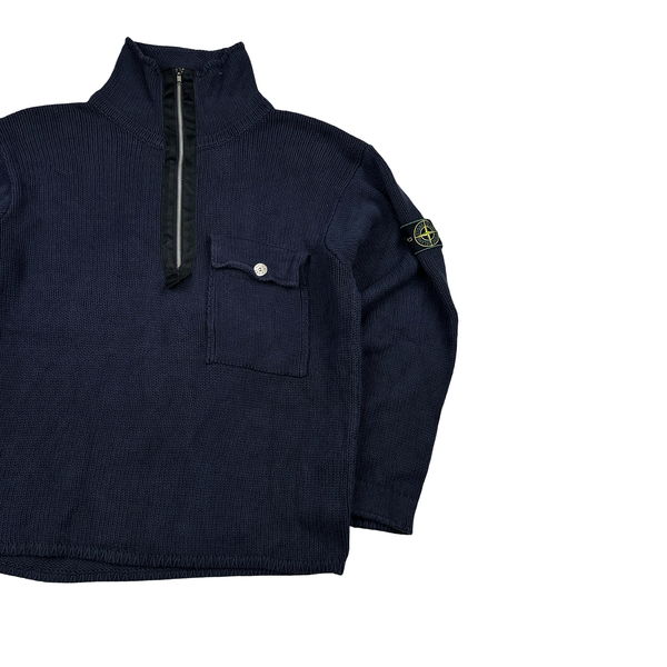 Stone Island Green Edge Navy Cotton Knit Zip Neck Jumper