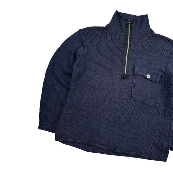 Stone Island Green Edge Navy Cotton Knit Zip Neck Jumper