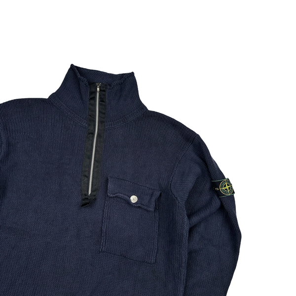 Stone Island Green Edge Navy Cotton Knit Zip Neck Jumper