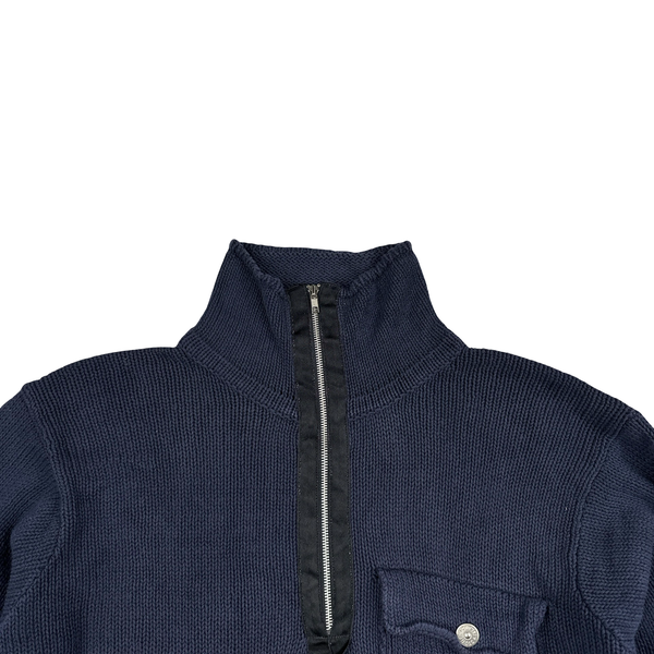 Stone Island Green Edge Navy Cotton Knit Zip Neck Jumper