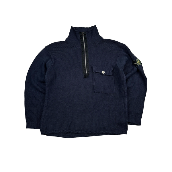 Stone Island Green Edge Navy Cotton Knit Zip Neck Jumper