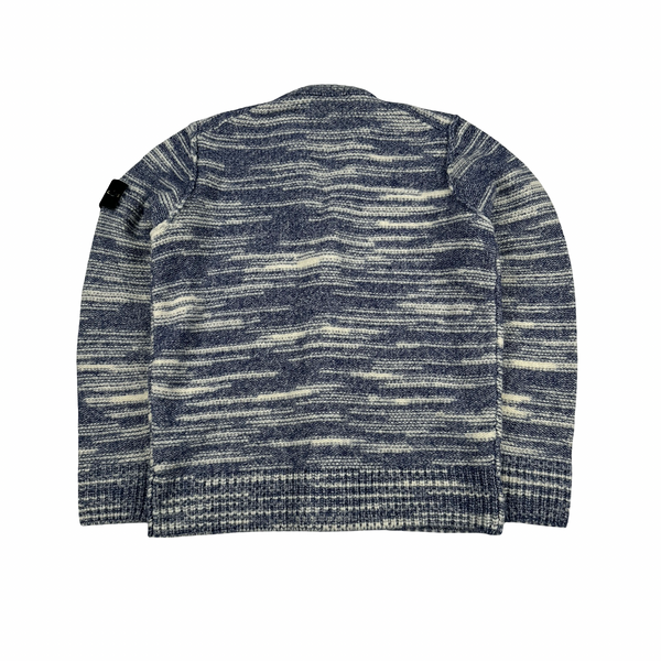 Stone Island 2023 Blue Patterned Wool Knitted Buttoned Jumper - Small