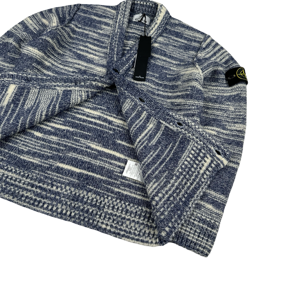 Stone Island 2023 Blue Patterned Wool Knitted Buttoned Jumper - Small
