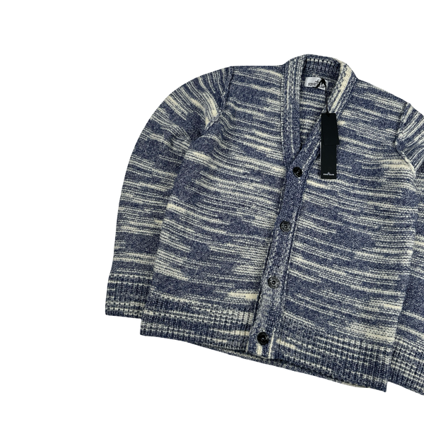 Stone Island 2023 Blue Patterned Wool Knitted Buttoned Jumper - Small