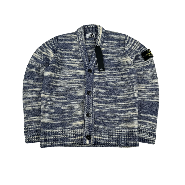 Stone Island 2023 Blue Patterned Wool Knitted Buttoned Jumper - Small