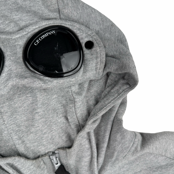 CP Company Grey Cotton Full Zip Goggle Hoodie - Medium