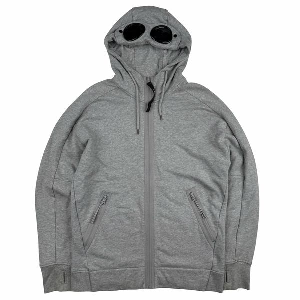 CP Company Grey Cotton Full Zip Goggle Hoodie - Medium