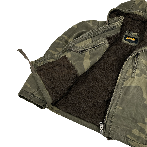 Schott Khaki Camo Fleece Lined Zipped Hooded Parka Jacket - Medium