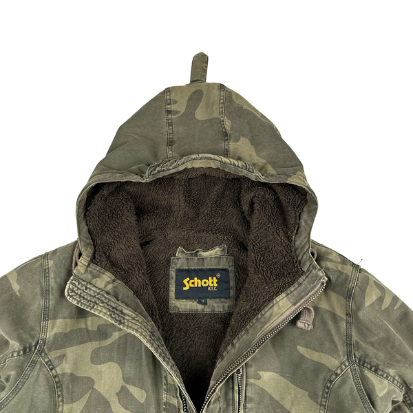 Schott Khaki Camo Fleece Lined Zipped Hooded Parka Jacket - Medium